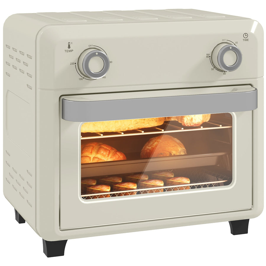 HOMCOM 10L Air Fryer Oven in cream white with a glass door showing food cooking inside