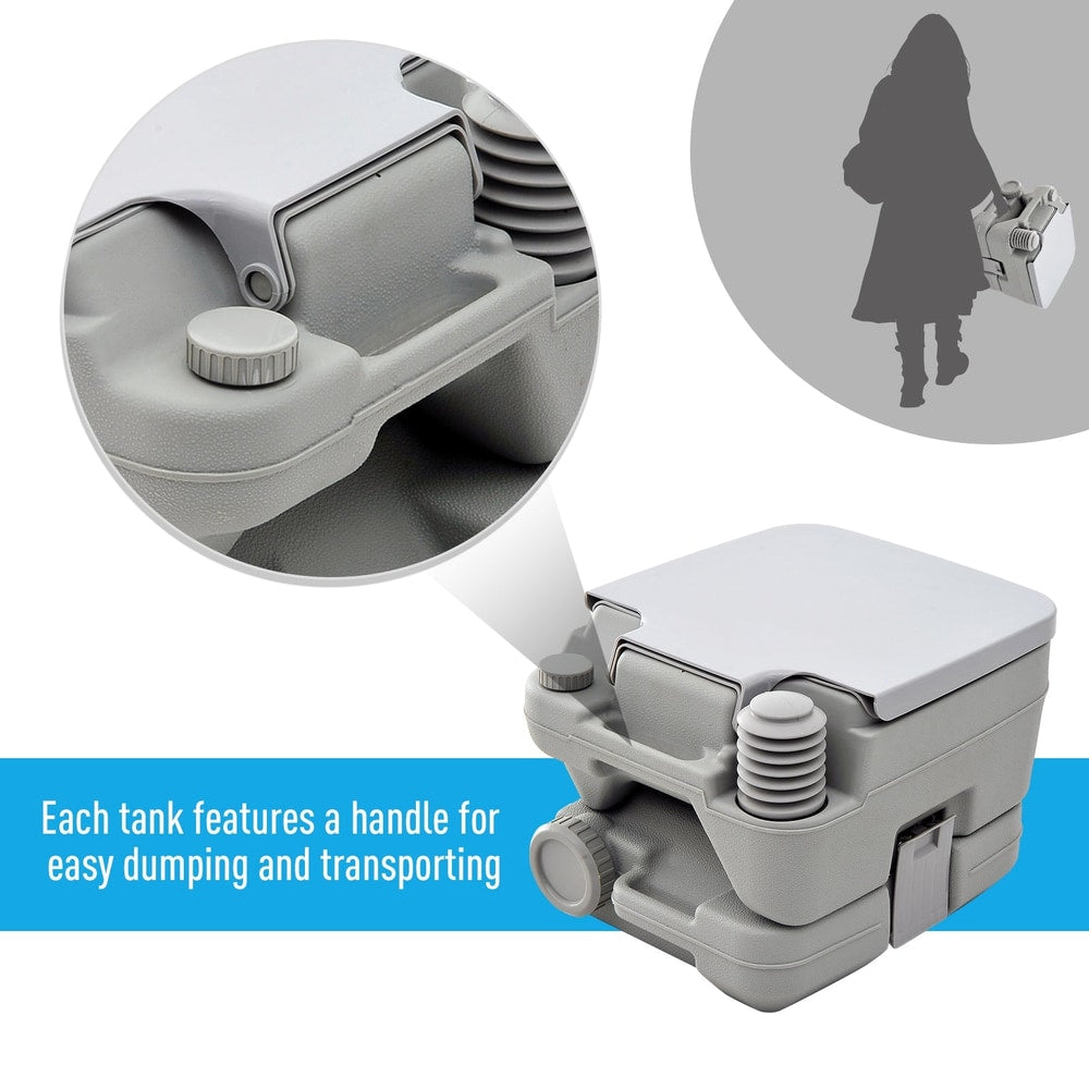The portable toilet with a circular inset highlighting the integrated carry handle for transport