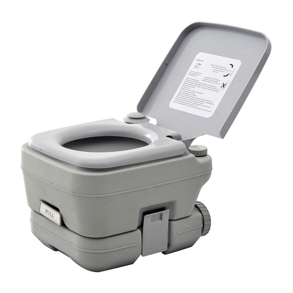 HOMCOM 10L Portable Toilet with the lid open showing the seat and grey plastic construction