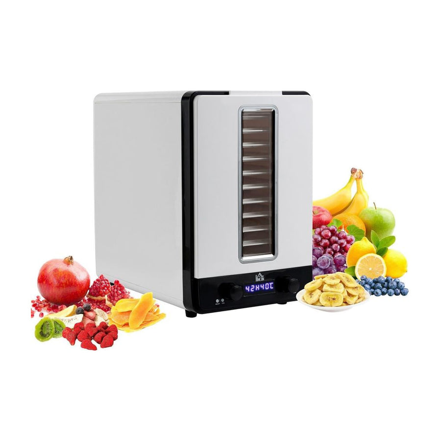 HOMCOM 11-Tray Food Dehydrator with various fruits and dried fruit slices