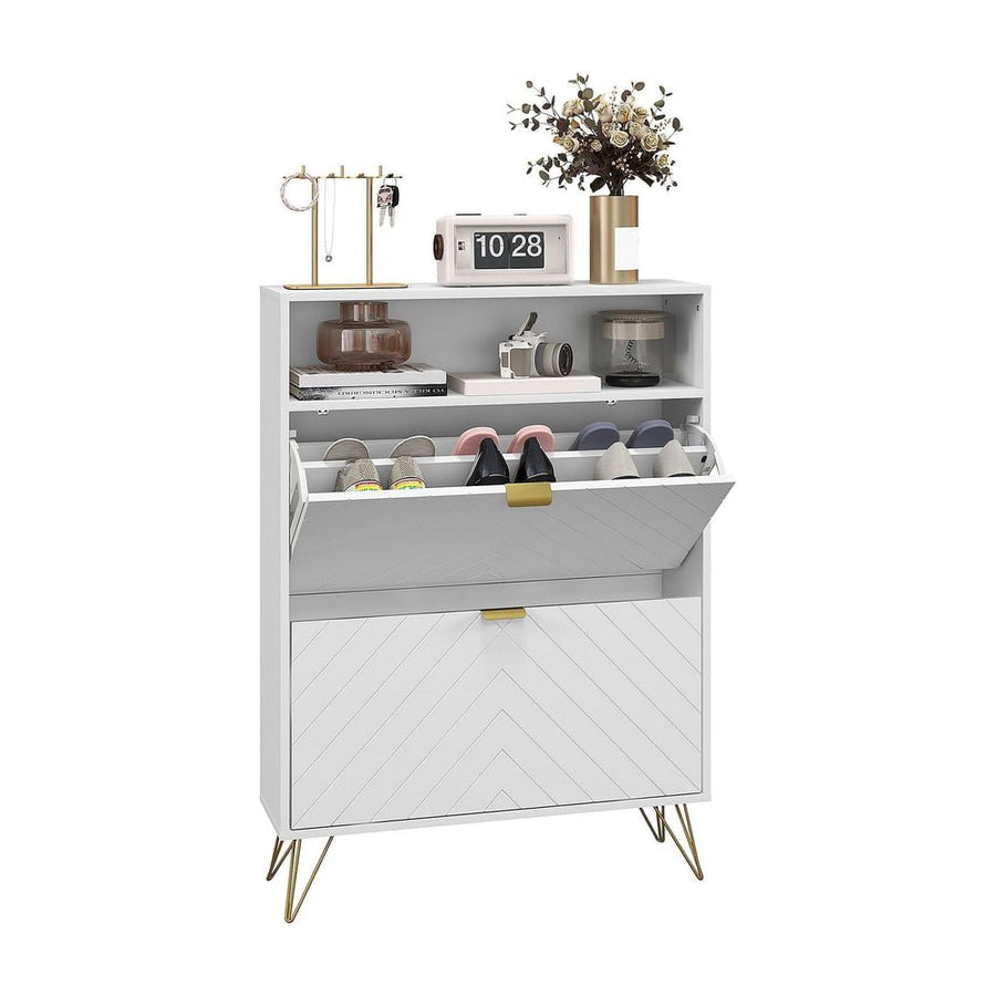 HOMCOM 12 Shoe Storage Cabinet, a white cabinet with gold legs and chevron indents on the doors