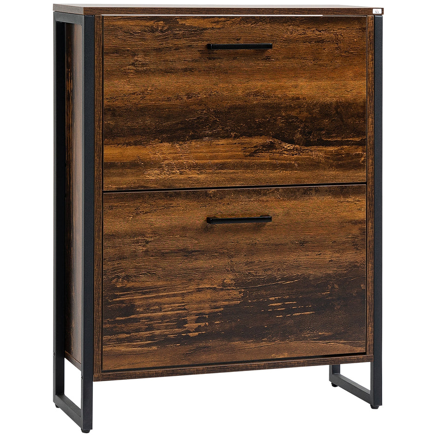 HOMCOM 12-Shoe Two-Door Storage Cabinet with a wood-effect finish and black metal frame
