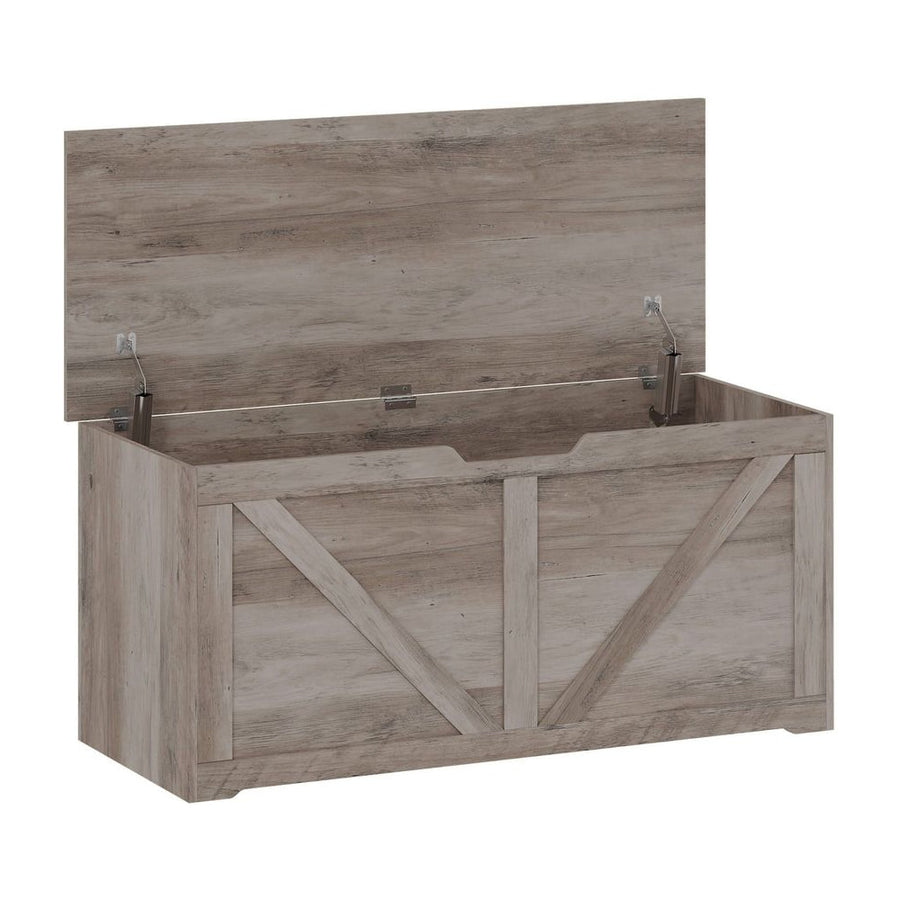 HOMCOM 127L Home Storage Box, with Safety Hinges - Grey Wood-Effect