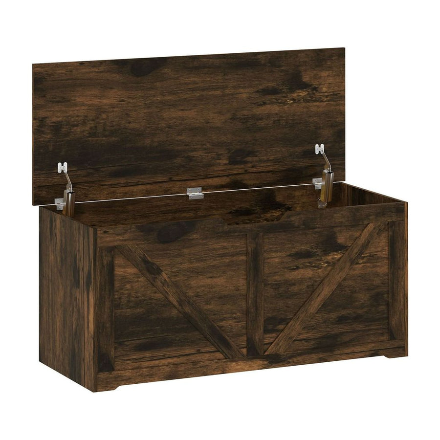 HOMCOM 127L Home Storage Box, with Safety Hinges - Rustic Brown Wood-Effect