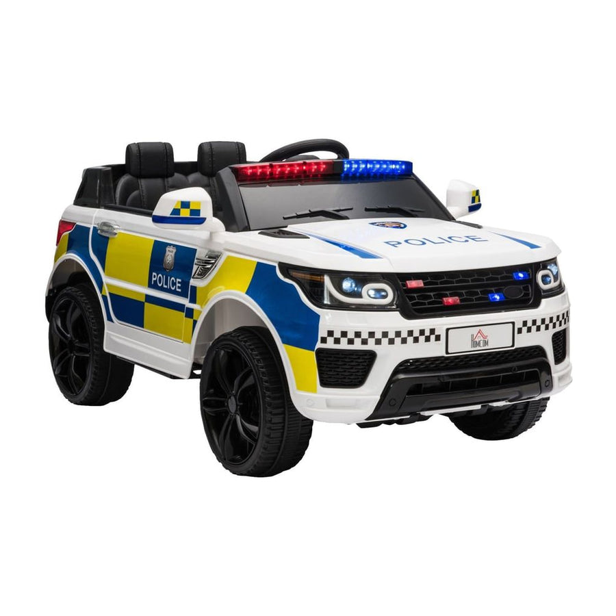 HOMCOM 12V Kids Electric Ride On Police Car, a white police car with blue and yellow stripes and flashing lights