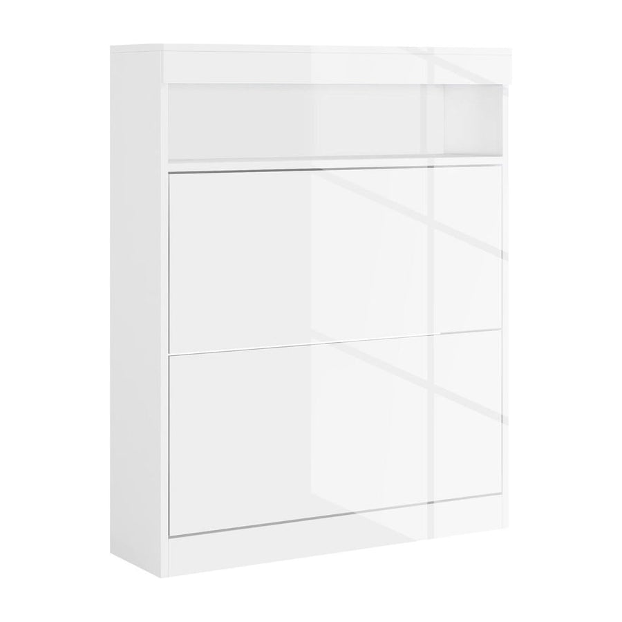 HOMCOM 16 Shoe Pair Storage Cabinet in high gloss white with two flip doors and an open top shelf