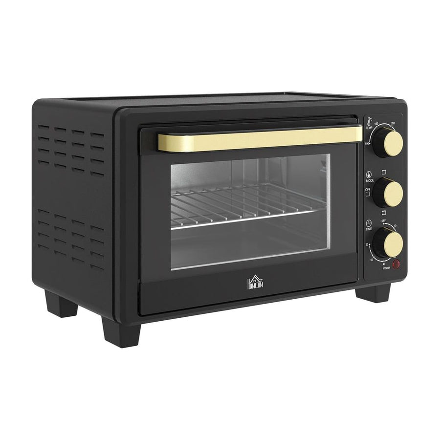 HOMCOM 16L Mini 1400W Countertop Oven in black with a gold handle and three matching control dials