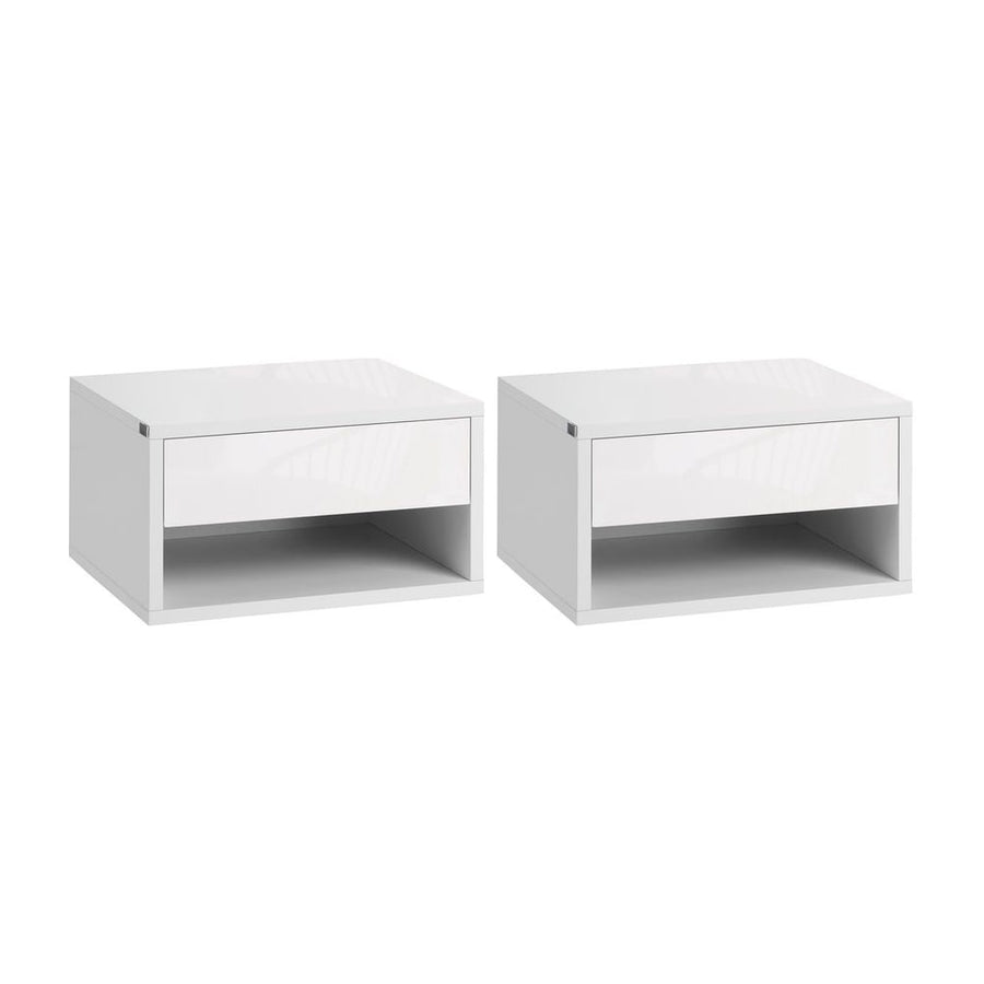 HOMCOM 2 Pieces Bedside Table Wall Mounted Nightstand with Drawer and Shelf for Bedroom, 37 x 32 x 21cm, High Gloss White