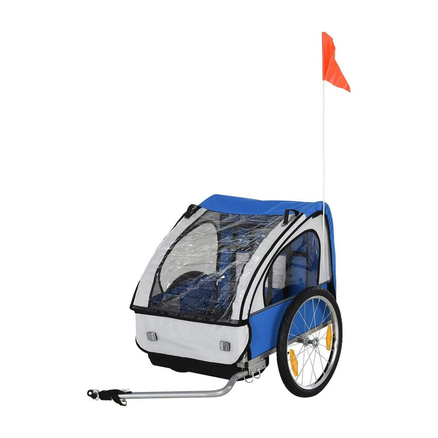 HOMCOM 2 Seat Bike Trailer Bicycle wagon in blue and white with a safety flag