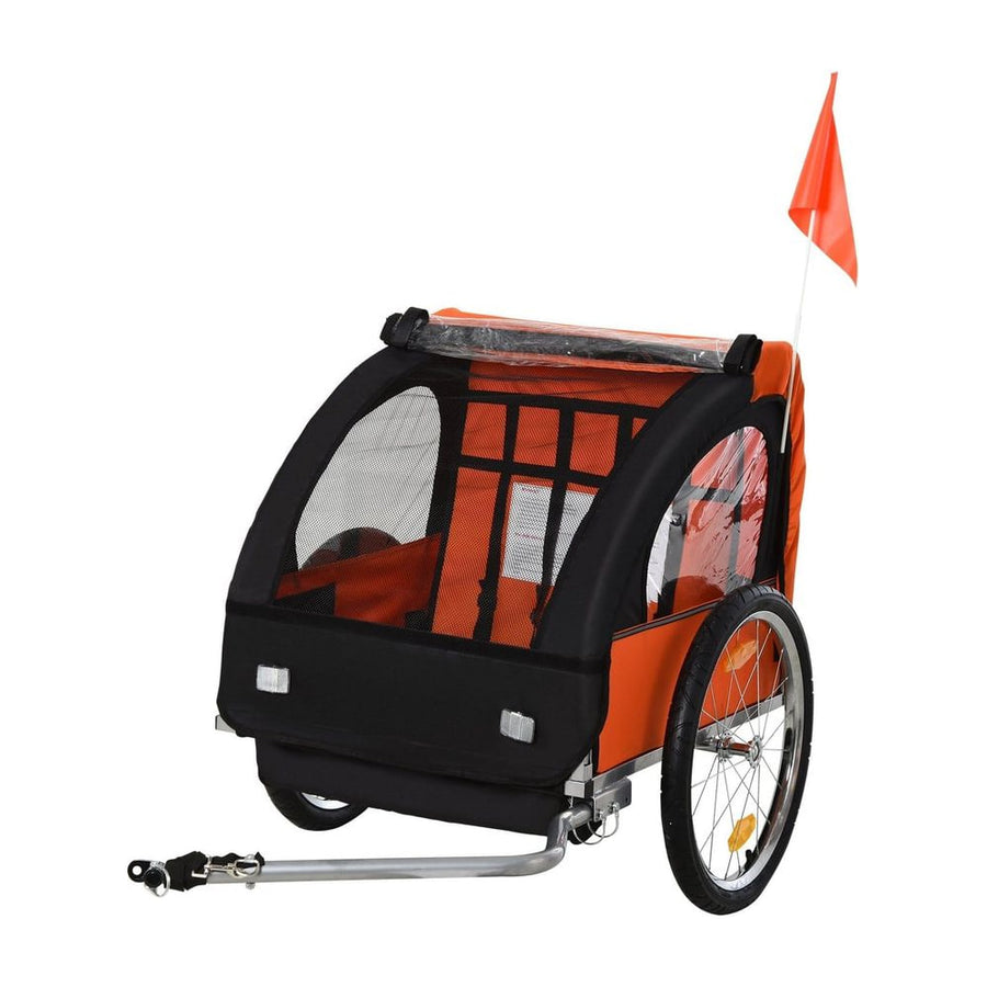 HOMCOM 2 Seat Bike Trailer Bicycle wagon in orange and black with a safety flag attached