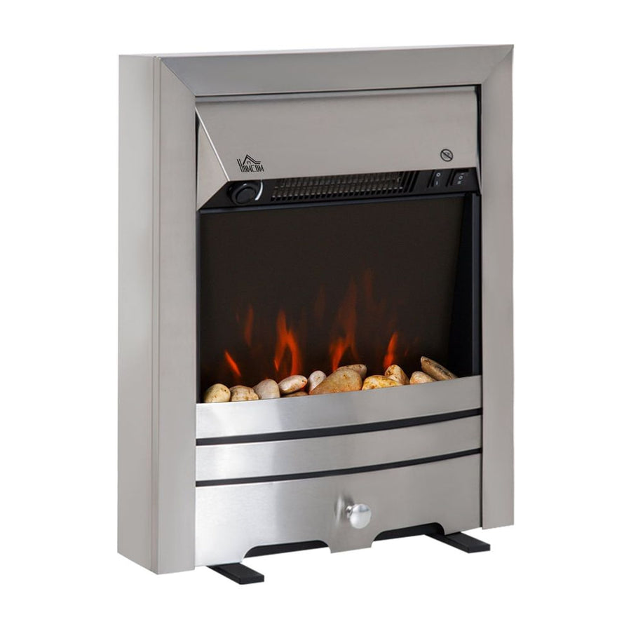 HOMCOM 2KW Stainless Steel Electric Fireplace Pebble Burning Effect Heater Fire Flame Indoor Stove LED Lighting
