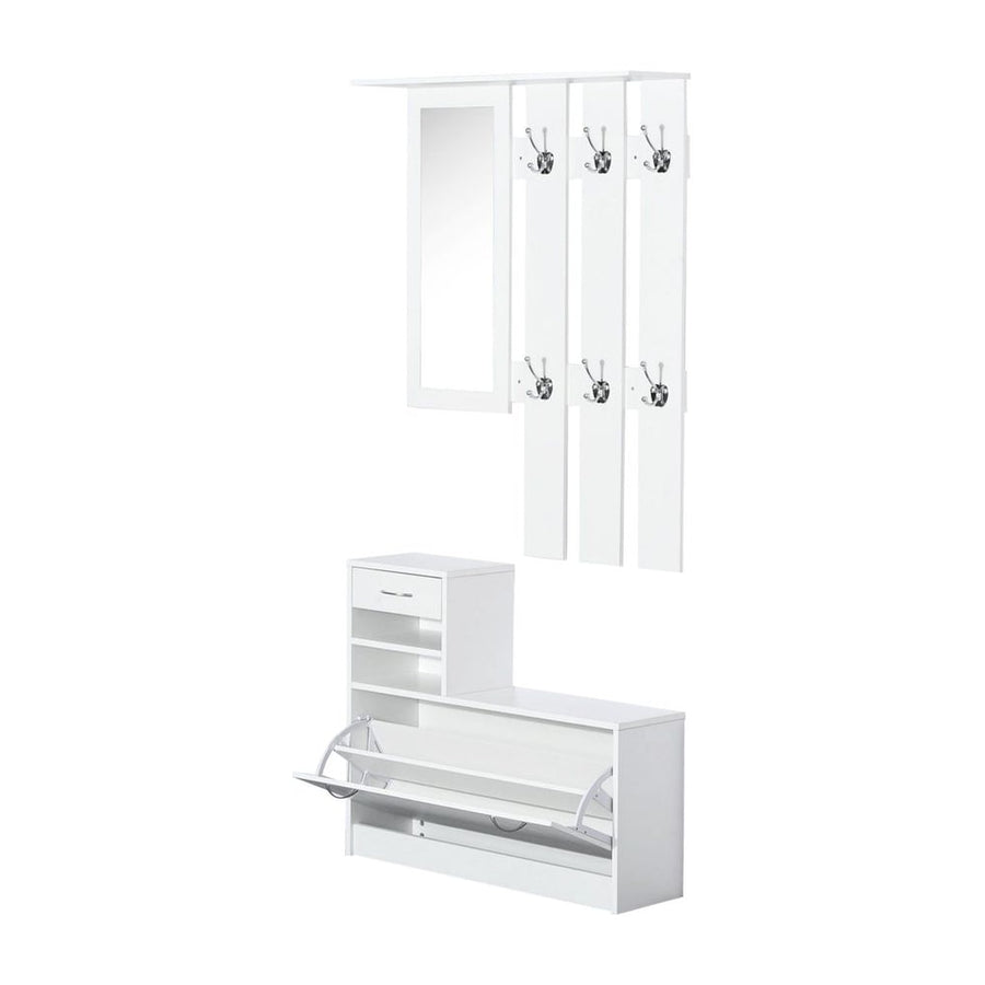HOMCOM 2PC Shoes Storage Chest Cloths Rack Unit w/Mirror Multiple Shelves Large Storage Capacity Shoes Cabinet 6 Hooks Cloth