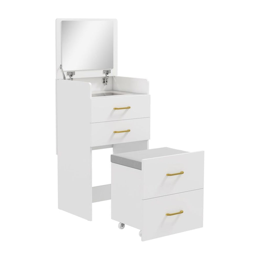 HOMCOM 3 in 1 Dressing Table with Flip-top Mirror and Rolling Stool, Modern Vanity Desk with Visible Glass Tabletop, Drawers