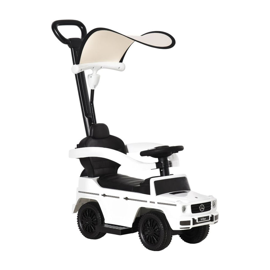 HOMCOM 3 in 1 Kids Children Ride on Push Car a white Mercedes-Benz G-Wagon style toy car with a push handle and sun canopy