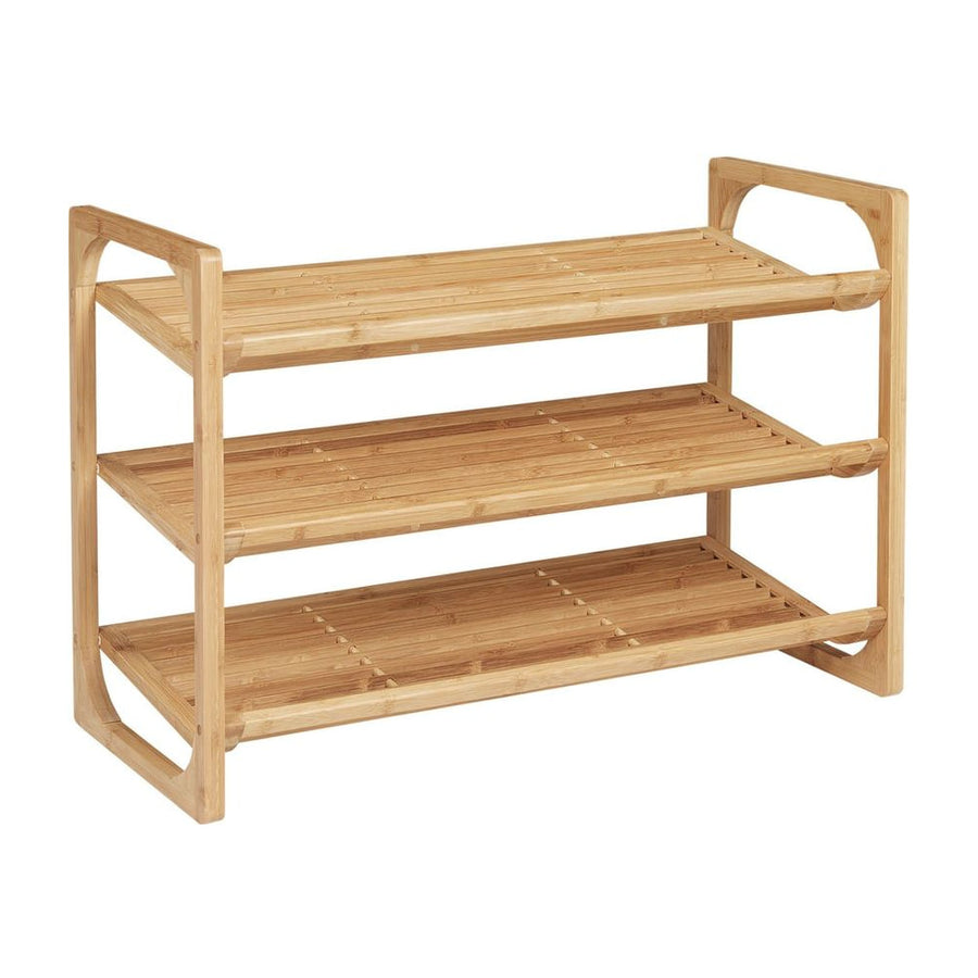 HOMCOM 3-Tier Shoe Rack, a natural bamboo shoe storage organiser with three slatted shelves
