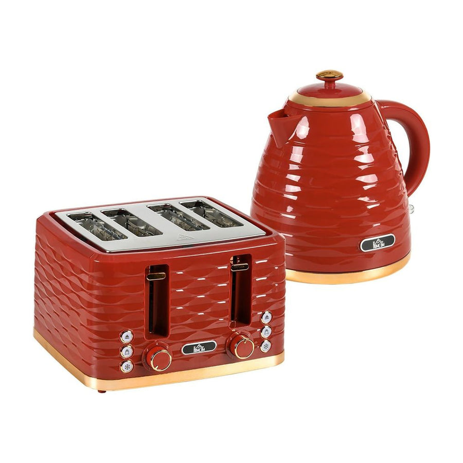 HOMCOM 3000W 1.7L Rapid Boil Kettle & 4 Slice Toaster in red with a textured finish