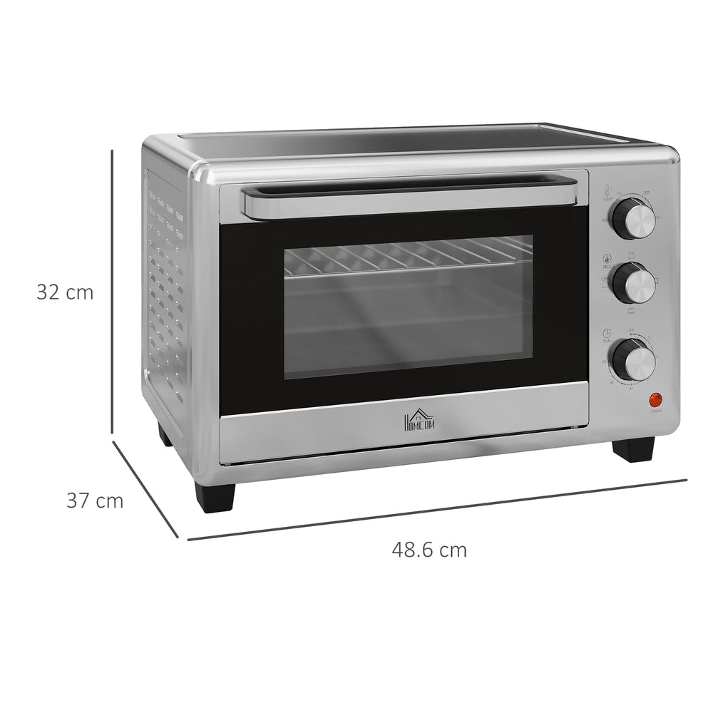 The electric oven shown with dimension lines indicating its height, width and depth