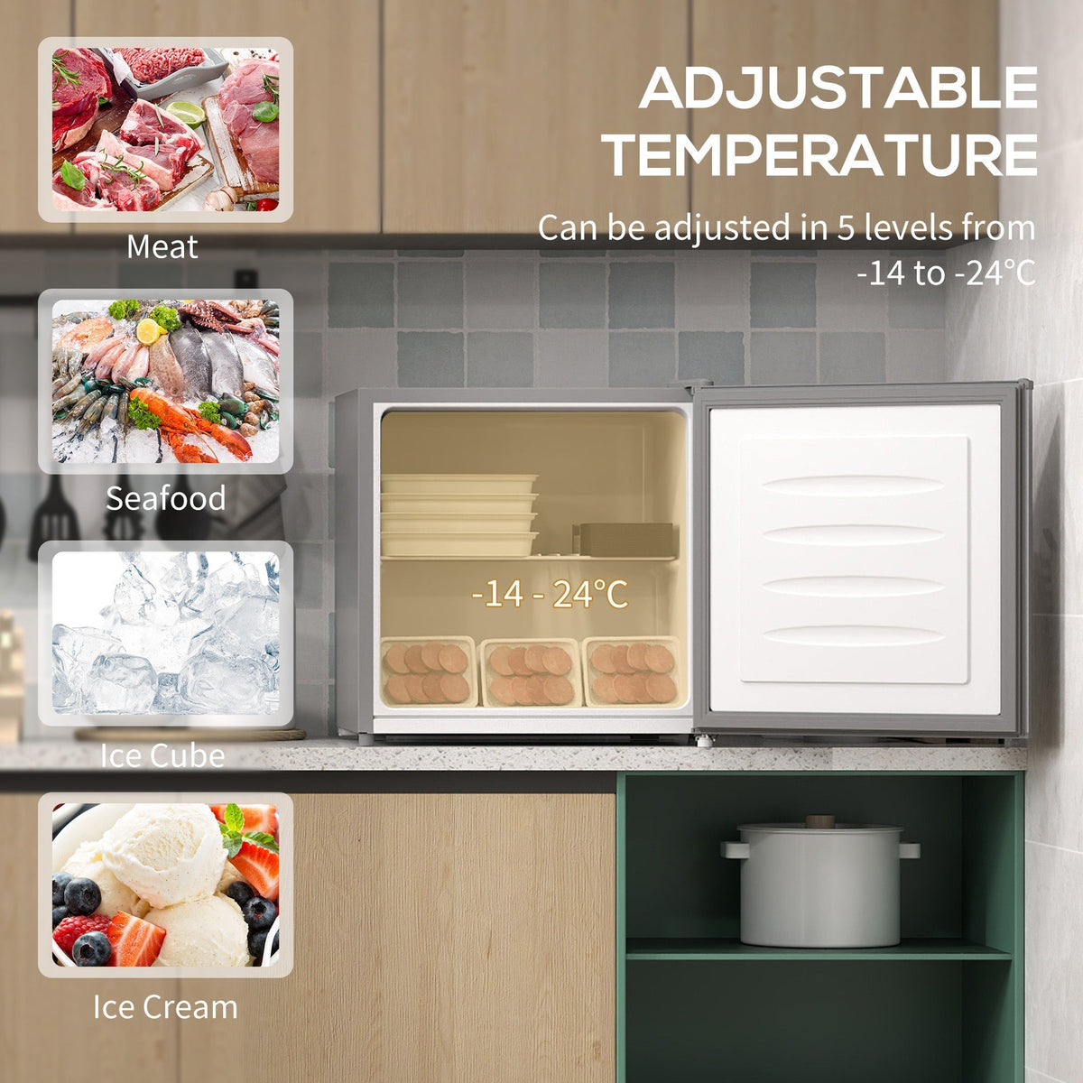 Open door of the mini freezer showing compartments for meat, seafood, ice cubes and ice cream