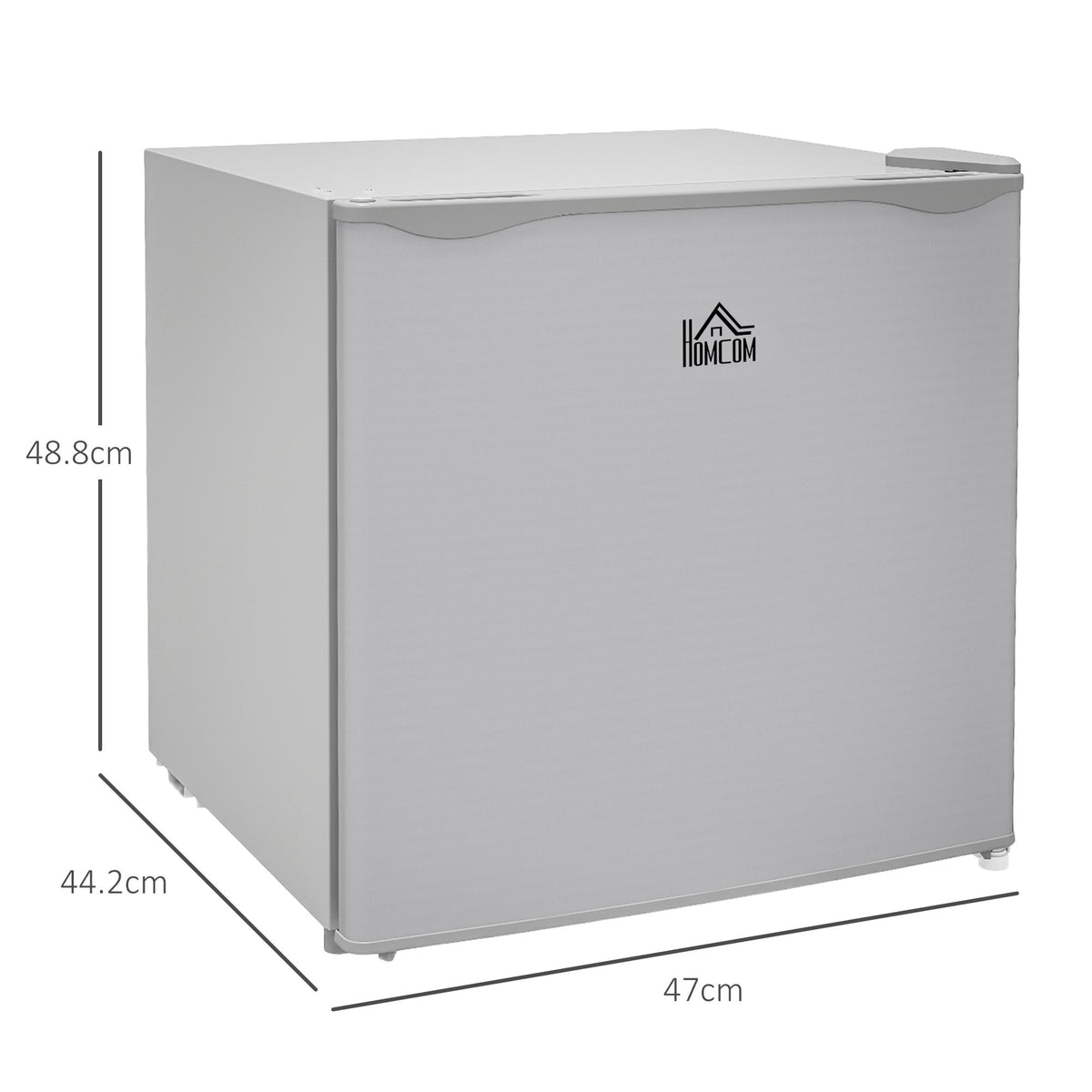 Dimensions of the grey mini freezer shown with measurement lines