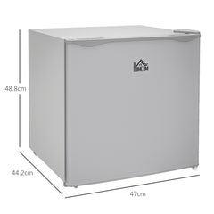 Dimensions of the grey mini freezer shown with measurement lines