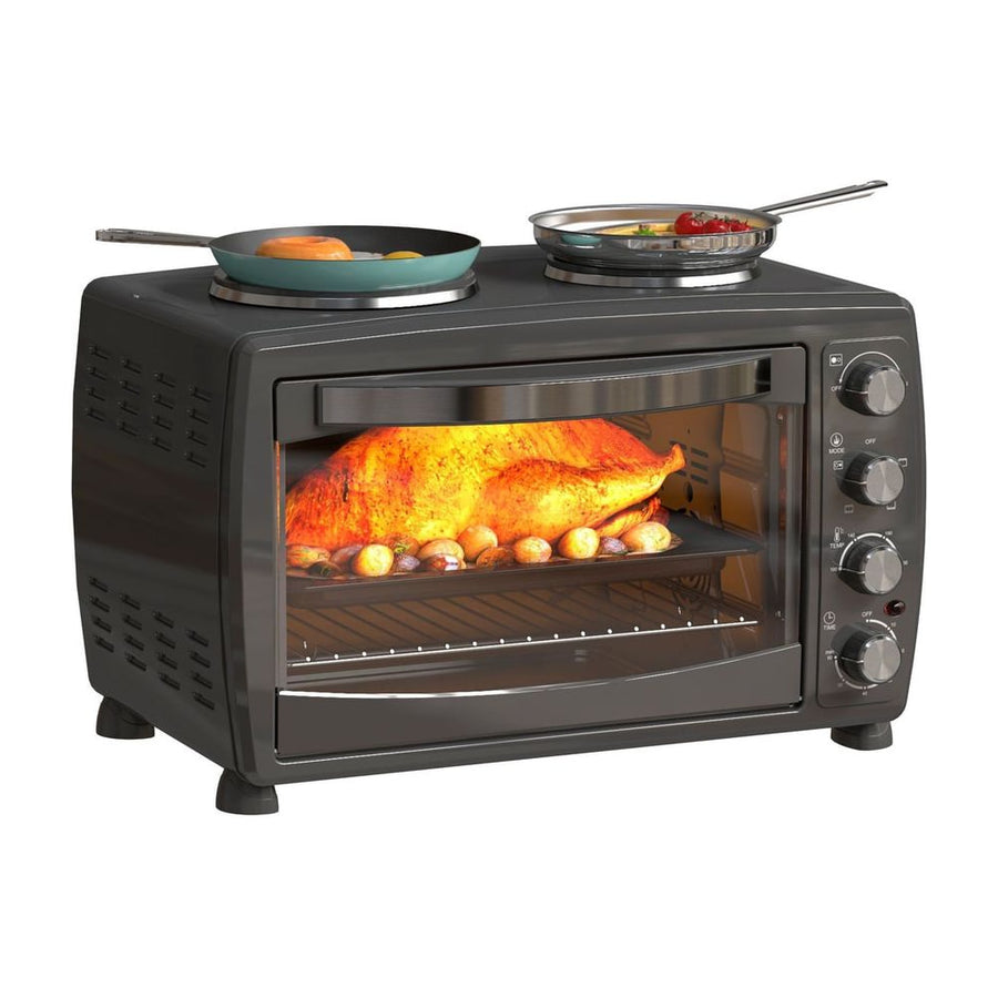 HOMCOM 36L Small Oven with 2 Hot Plates with a roast chicken inside and pans on the hob