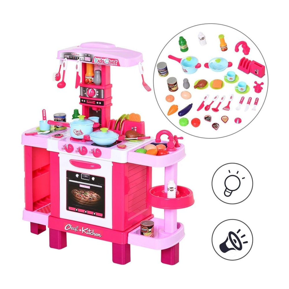 HOMCOM 38 Pcs Kids Children Kitchen Play Set w/ Realistic Sounds Lights Food Utensils Pots Pans Appliances Toy Game Pink