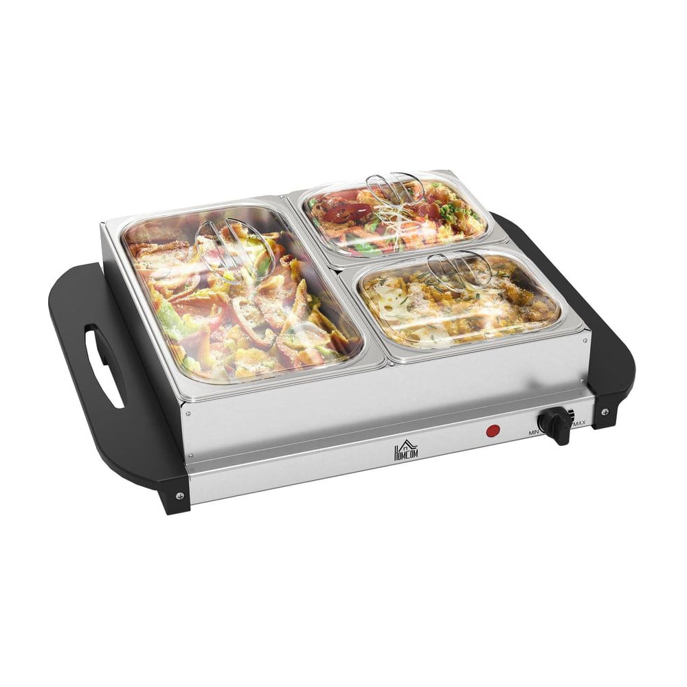 HOMCOM 4.5L Stainless Steel Electric Buffet Server with three trays and lids, front view