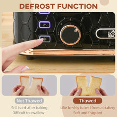 The kitchen appliance showing a finger pressing the defrost button for frozen bread