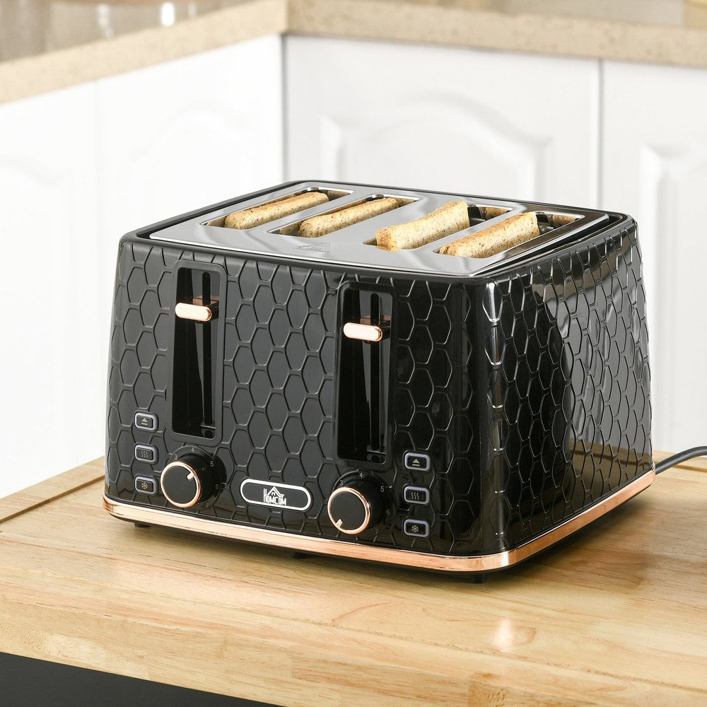 The black honeycomb toaster sitting on a wooden kitchen counter with toasted bread