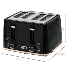 The four slice toaster shown with dimension lines indicating height, width and depth