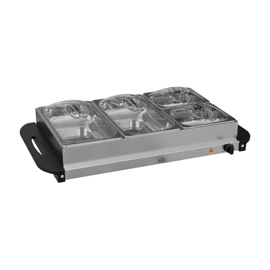 HOMCOM 4 Tray Electric Food Warmer Buffet Server with four transparent lidded pans on a black base