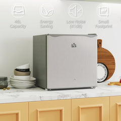The grey countertop fridge with icons indicating capacity, energy saving and low noise