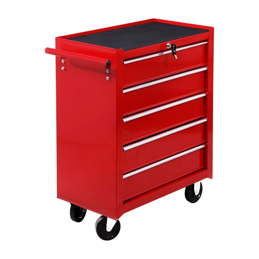 HOMCOM 5 Drawer Tool Chest on Wheels, Lockable Steel Tool Trolley with Side Handle for Workshop, Garage, Red
