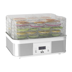 HOMCOM 5 Tier Food Dehydrator with clear trays and a white base, showing dried fruit slices