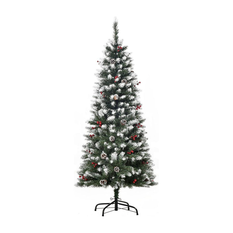 HOMCOM 5FT Artificial Christmas Tree Xmas Pencil Tree with Red Berries and Pinecones Holiday Home Indoor Decoration with