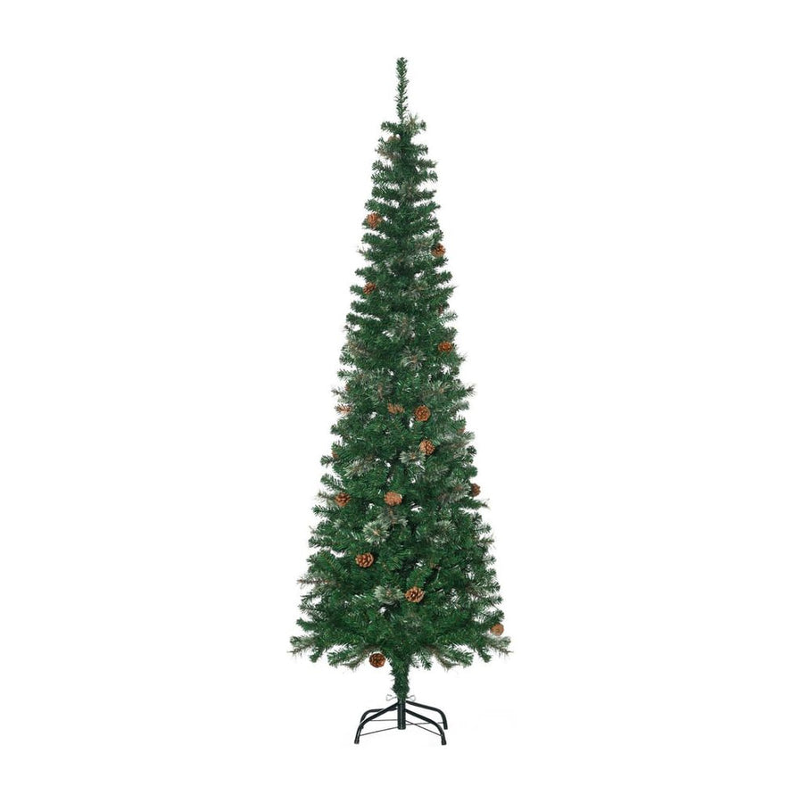 HOMCOM 6.5FT Tall Pencil Slim Artificial Christmas Tree with Realistic Branches, Tip Count and Pine Cones, Pine Needles Tree