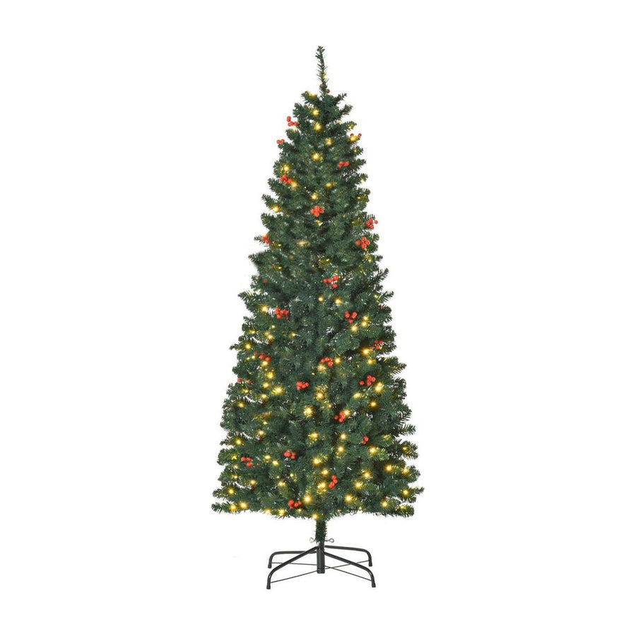 HOMCOM 6FT Prelit Artificial Pencil Christmas Tree with Warm White LED Light, Red Berry, Holiday Home Xmas Decoration, Green