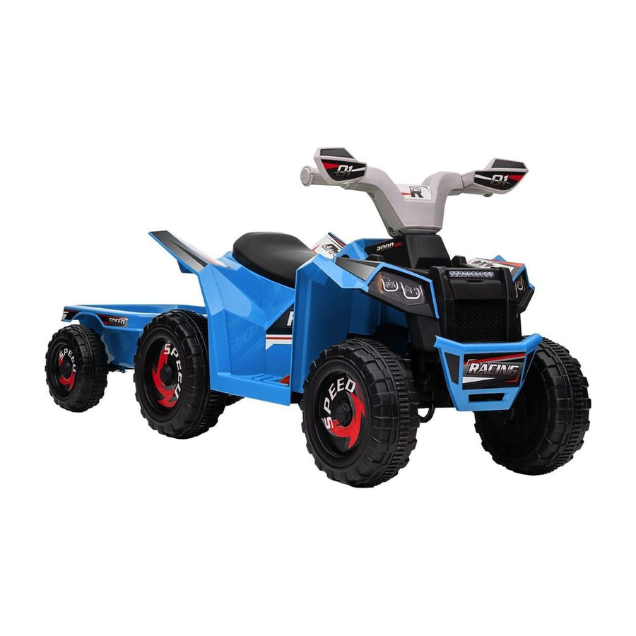 HOMCOM 6V Quad Bike with Back Trailer in bright blue with black wheels and a rear storage cart