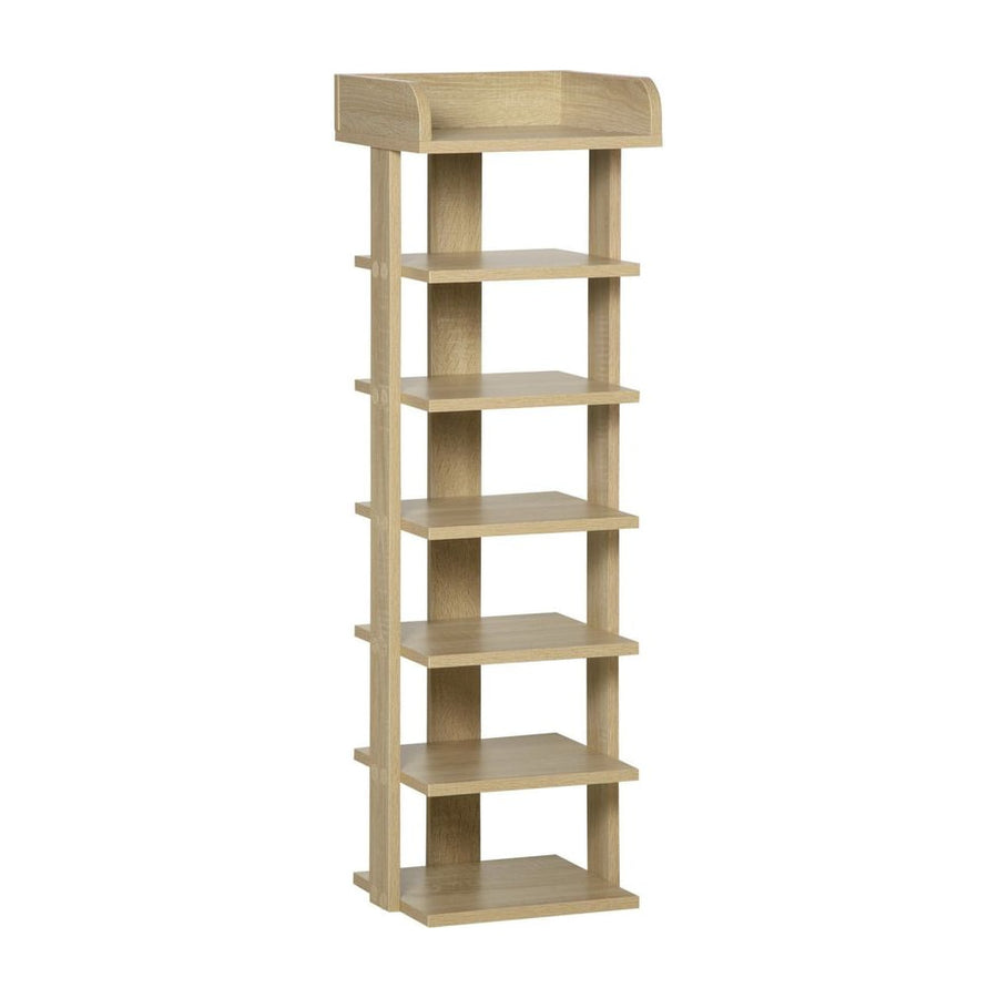 HOMCOM 7 Tier Shoe Rack in oak wood effect, a tall narrow storage unit with multiple shelves