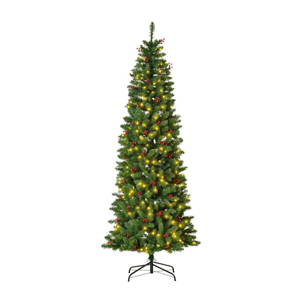HOMCOM 7FT Prelit Artificial Pencil Christmas Tree with warm white LED lights and red berries