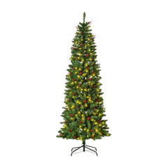 HOMCOM 7FT Prelit Artificial Pencil Christmas Tree with warm white LED lights and red berries