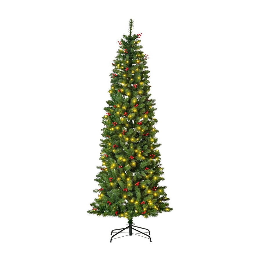 HOMCOM 7FT Prelit Artificial Pencil Christmas Tree with Warm White LED Light, Red Berry, Holiday Home Xmas Decoration, Green