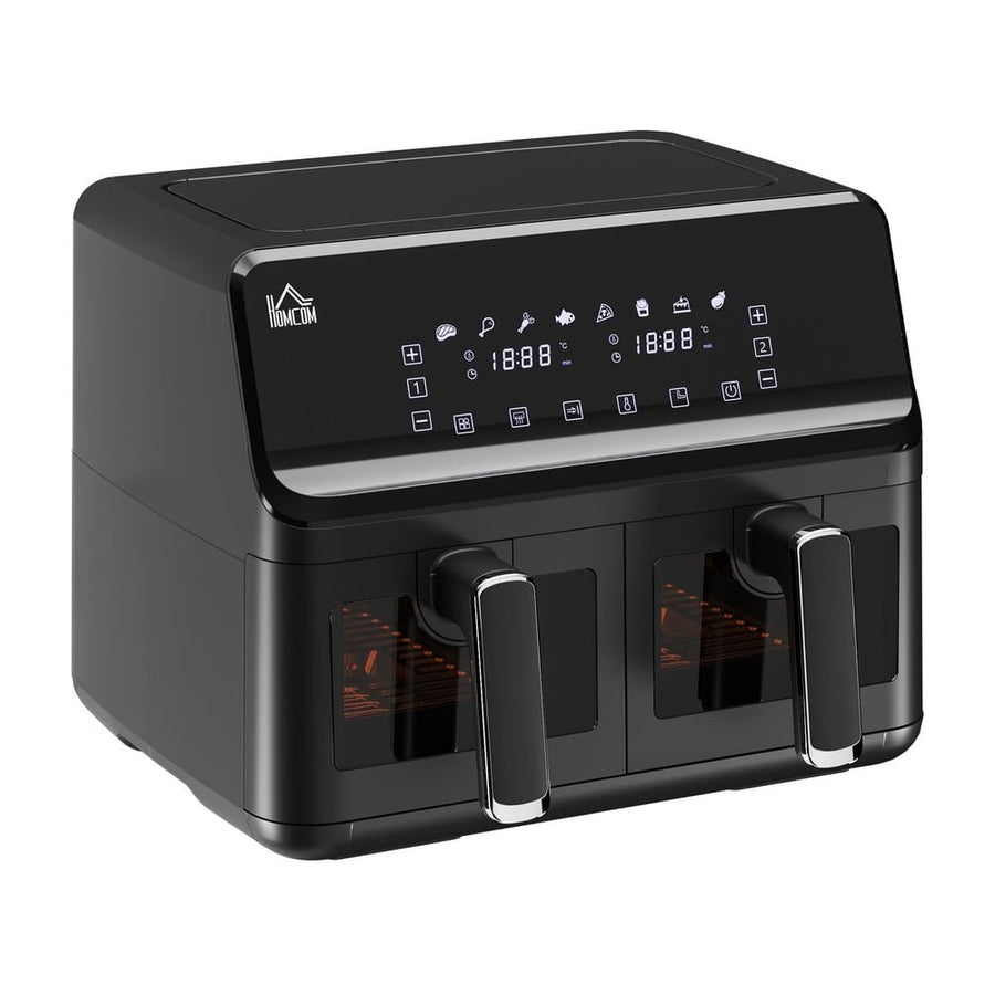 HOMCOM 8L Dual Basket Air Fryer showing the front with two baskets and digital display