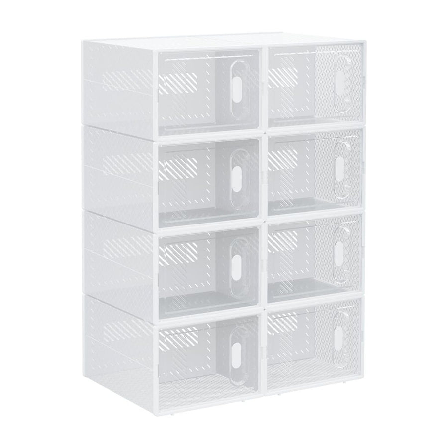 HOMCOM 8PCS Clear Shoe Box, a stack of four white plastic storage boxes with clear fronts