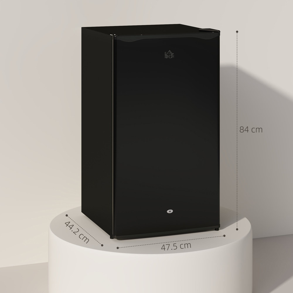 Dimensions of the black freestanding under-counter fridge shown on white pedestals