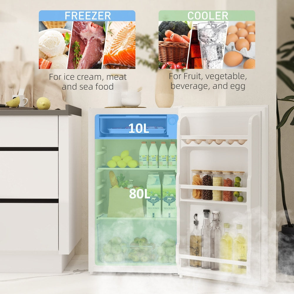 Inside view of the under-counter fridge showing freezer and cooler compartments with various food items