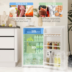 Inside view of the under-counter fridge showing freezer and cooler compartments with various food items