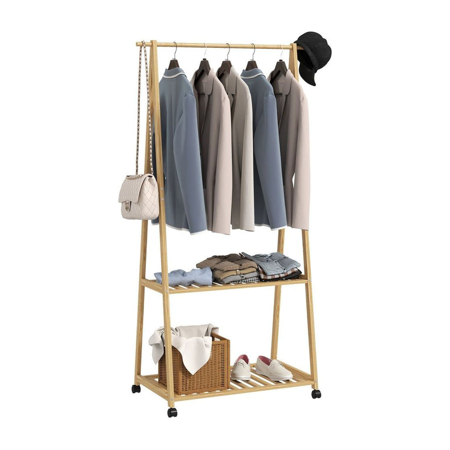 HOMCOM Bamboo Clothes Rack, with Shelves and Hooks - Natural Finish