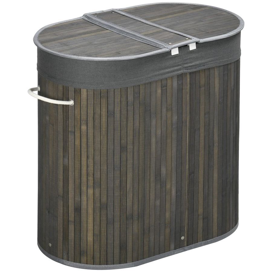 HOMCOM Bamboo Laundry Basket with Lid, 100 Litres Laundry Hamper with 2 Sections, Removable Washable Lining, Washing Baskets