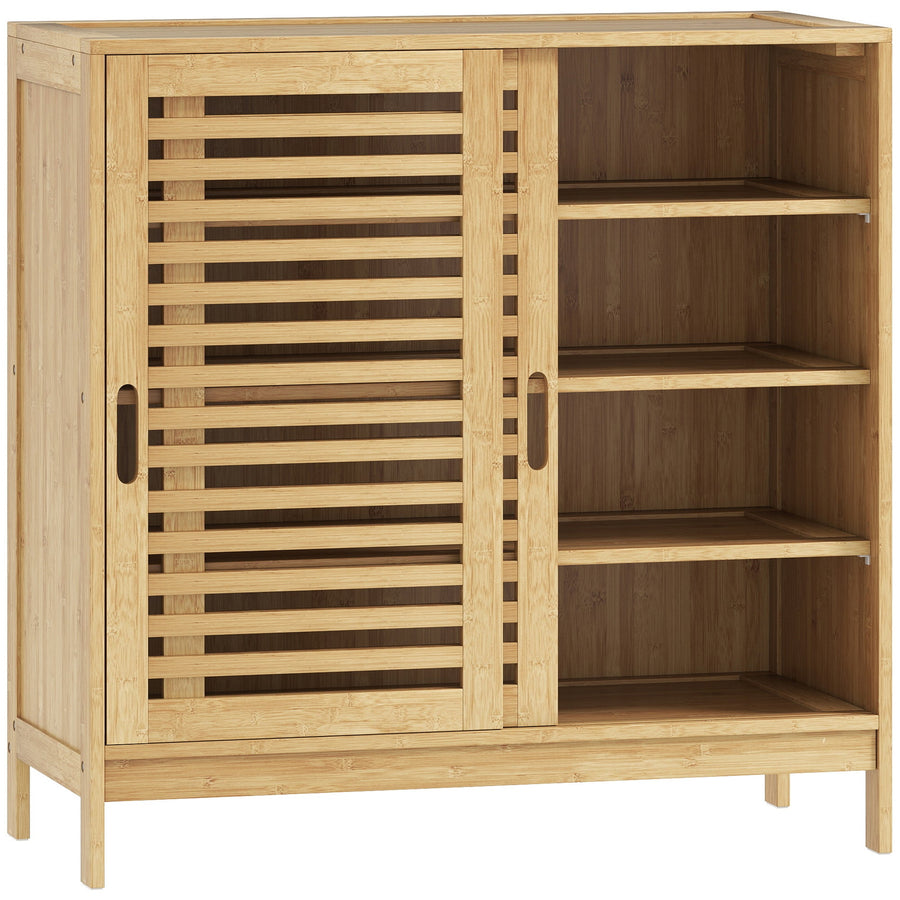 HOMCOM Bamboo Shoe Cabinet with 2 Sliding Slat Doors, a natural wood storage unit with slatted doors and open shelving